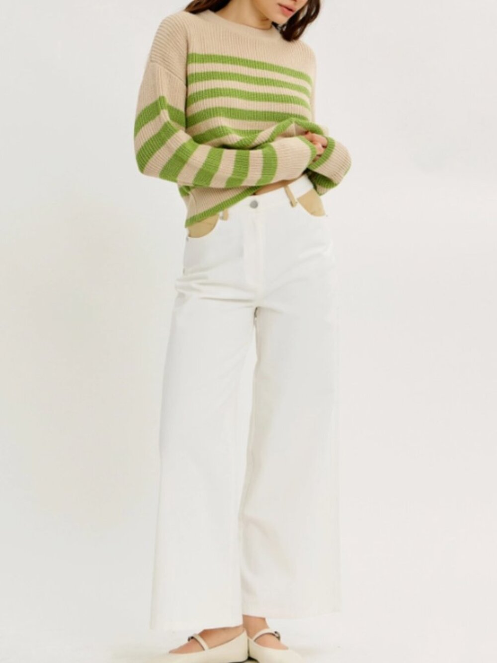 Ivory Wide Leg High Rise Pants Beige Contrast Pockets NWT #D144